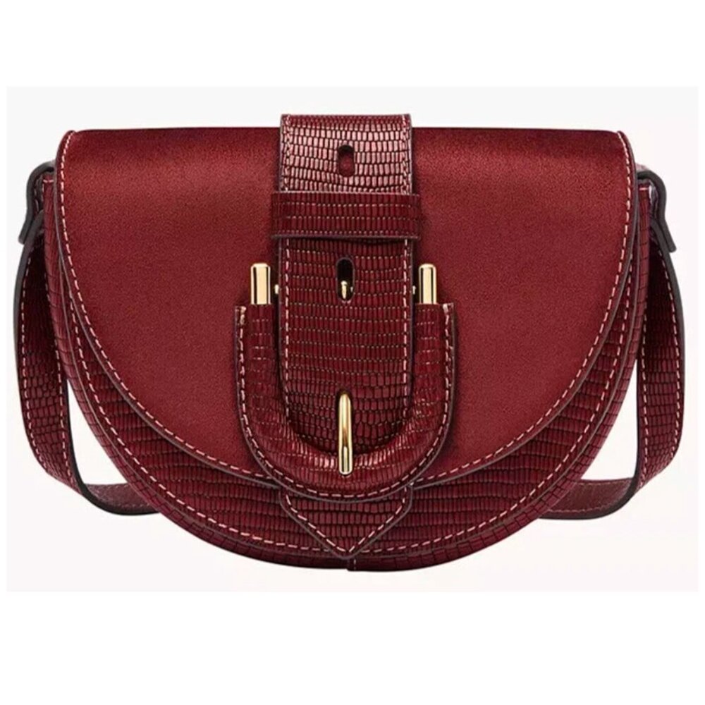 S Fossil Harwell Small Flap Crossbody Bag Dark Red Leather and Suede ZB1939243